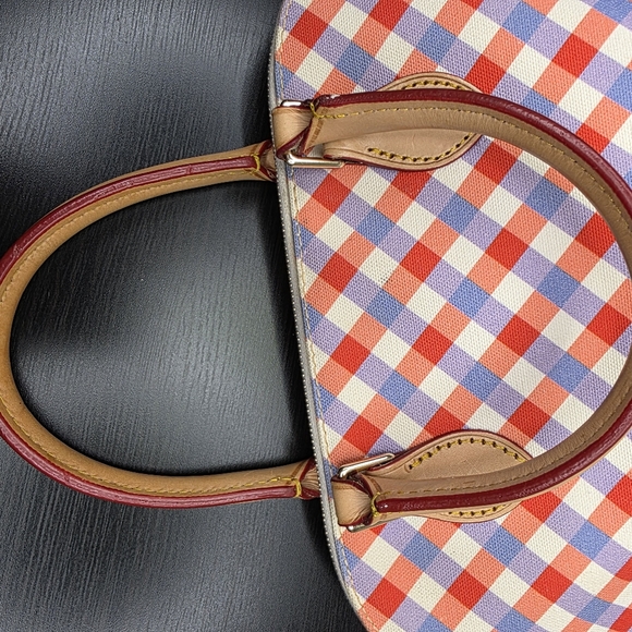 Dooney & Bourke Gingham Zip Satchel Red  Blue Leather Bag - Picture 10 of 16